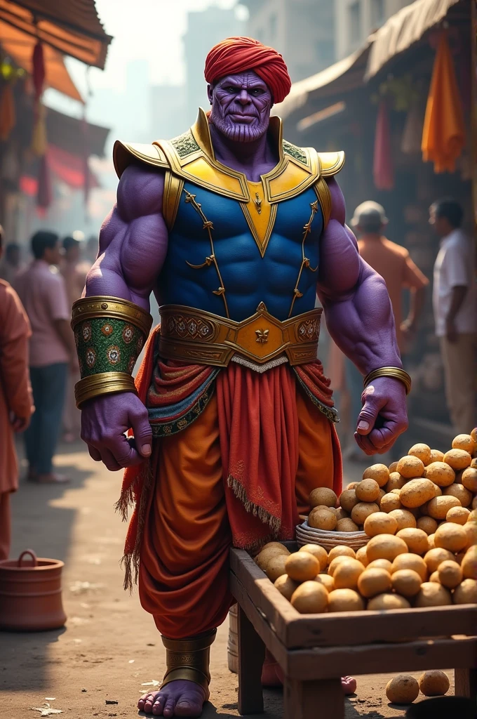 Picture Thanos from avengers the selling potatoes in a lively Indian market. He is dressed in a vibrant Indian attire Kurta Dhoti and a turban.
His imposing figure stands behind a stall brimming with fresh potatoes, surrounded by a bustling market.