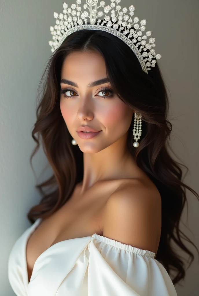 Generate image of Turkish girl of 23 years wearing trendy white colour small crown which enhances her beauty with tight white colour small dress Here's a detailed description of her facial features, hair, and body shape:

Face:

- Heart-shaped face with high cheekbones and a pointed chin
- Smooth, fair skin with a subtle golden glow
- Full lips that curve into a bright, radiant smile
- Almond-shaped eyes that are deep brown in color, fringed with thick lashes
- Thick, well-defined eyebrows that add to her expressive gaze

Hair:

- Dark brown hair that falls in loose waves down her back
- Hair texture is thick and luscious, with a subtle sheen
- Often styled in a center parting, with a few strands framing her face

Body Shape:

- Slender yet curvy figure, with a  build
- Height is around 5'6" (168 cm)
- Proportional measurements, with a small waist and curves in all the right places
- Toned legs and arms, wearing her stylish outfits