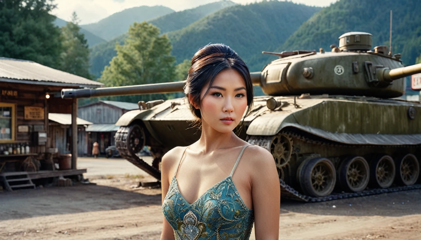 Hyperrealistic art cinematic photo a beautiful asian woman next to a tank, 1960's small town main street general store reclaimed by nature, frozen in time. bokeh, 35mm photograph, film, bokeh, professional, 4k, highly detailed, extremely high-resolution details, photographic, realism pushed to extreme, fine texture, incredibly lifelike.