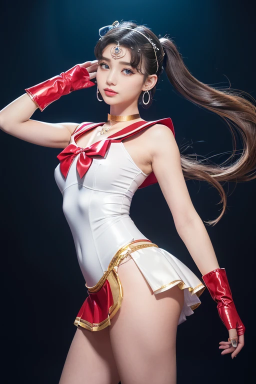 masterpiece、full:1.3、stand、8k、Highest quality、極めて詳細な CG Unity 8k の壁紙、From below、Intricate details、(1 female)、(Sailor Moon:1.6 Super Bishoujo Senshi Sailor Moon Mer1、Meishaon,Tierra、Sailor Warrior Uniform Sailor:1.5、Sailor Moon:1.5,Eternal Sailor Moon)、(信じられないほど長くて明るいTwin tailsのブロンド:1.4、thin and very long straight twin tail blonde, Hair Bun、Red round hair ornaments in a hair bun)、((Blue Collar,Blue Pray Ultra Mini Skirt:1.5、very large Red Bow on the chest,,Long white latex gloves,Red gloves on elbows、Exposing the upper arm,A gorgeous golden tiara on her forehead、耳Nipple Ring,Luxury gold jewelry))、Ultra-thin, high-gloss white holographic leather、High gloss white latex high leg swimsuit that shines like oil,(Facial details:1.5、blue eyes、Beautifull expression、beautidfull eyes、Iris Contour, Eyes with highlights、thin唇:1.5、Thin, sharp, pale eyebrows,、Long eyelashes、Double eyelashes、thin, Lean and muscular,,,、Small Face、tall and big chested、Perfect Proportions、Big breasts and small waist、Sexy model posing、Dynamic pose,Visible pores、A seductive smile、Perfect hands:1.5、Octane Rendering、A very dramatic picture、(moonの神性,Space Background、moonの光、moon、Dynamic Background、Exquisite lighting and shadows、Dynamic Angle、Detailed Background),Strong natural light、sunlight、Digital SLR、Sharp focus: 1.0、Maximum clarity and sharpness、mecha musume,(Honestly, Double Bang, Twin tails, Parted bangs, Circlet, jewelry, Earrings, choker, Red Bow, White gloves, Elbow hand pockets,(Honestly, Double Bang, Twin tails, Parted bangs, hair ornaments, Circlet, jewelry, Earrings, choker, See through, Red Bow, White gloves, Elbow hand pockets))