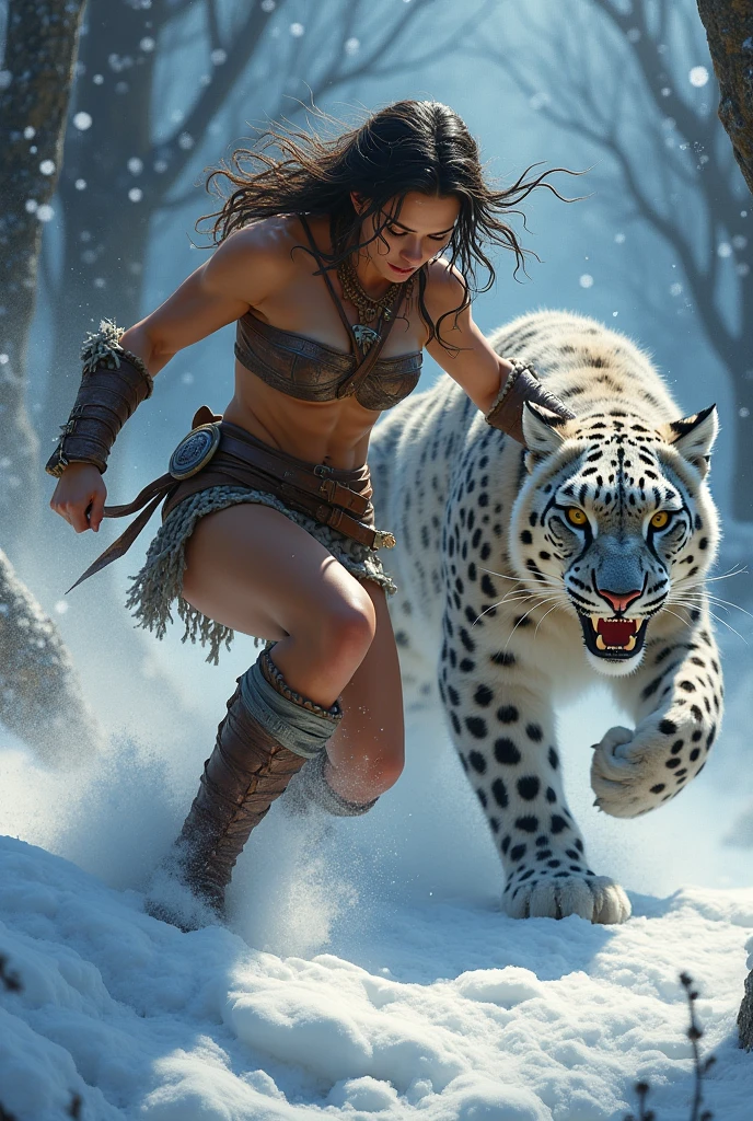 ((( best quality ))), ((( masterpiece ))), ((( absurdres ))), ((( whole body)))), muscular woman beautiful warrior Barbara wielding a large sword, Conan the Barbarian style, Simon Bisley style for a cover of Heavy Metal magazine, (( tiny thong made of brown animal skin )), (( large breasts semi covered by brown animal skin )), generous neckline, necklace of bones and teeth, earring of bones, scenery of icy mountains, ((( whole body ))), ((( brown ))), ((((whole body)))
