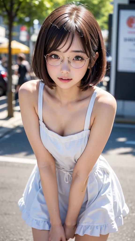 (masterpiece, Best Quality:1.2), 8K, 1 girl, 1 Japanese girl, 85 mm, Official art, Raw photo, Pretty Face, close up, face focus, cute Girl, Cinch waist, beauty thighs, soaking wet, sweat, medium breasts, frilled white apron on naked, large round glasses, standing, leaning forwards, on a street, Looking at Viewer, No makeup, (aroused, embarrassed, blush :1.2), Film grain, chromatic abberation, Sharp Focus, face lights, clear lighting, Teen, Detailed face, Bokeh background