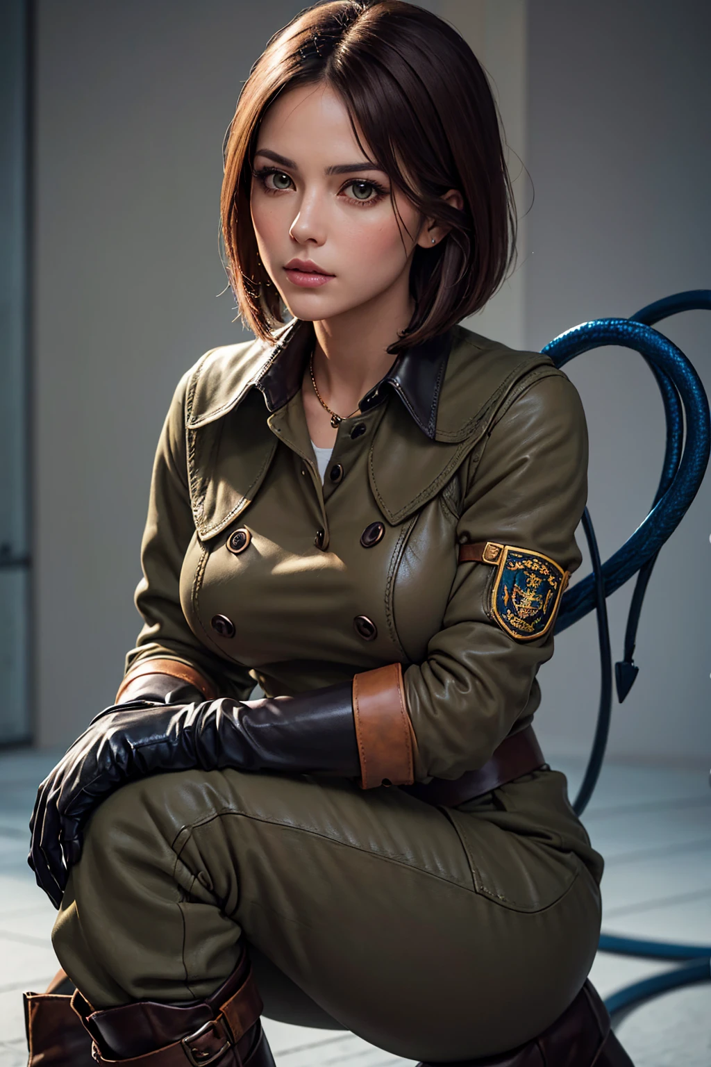 (Best image quality, highest quality, Highest Resolution, Ultra-Realistic Images, Very detailed, masterpiece, 8k), One Woman, Brown medium hair, Khaki military uniform, Leather gloves, Leather boots, ((With a blue whip)), big Breasts, blush, serious look, Dynamic pose, Browsing Caution, half body, perfect face