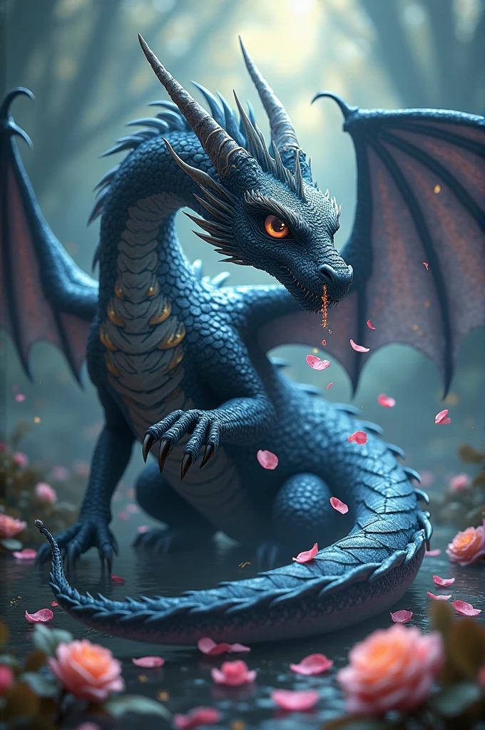 Create a dragon with the phases of the moon and roses coming out of it