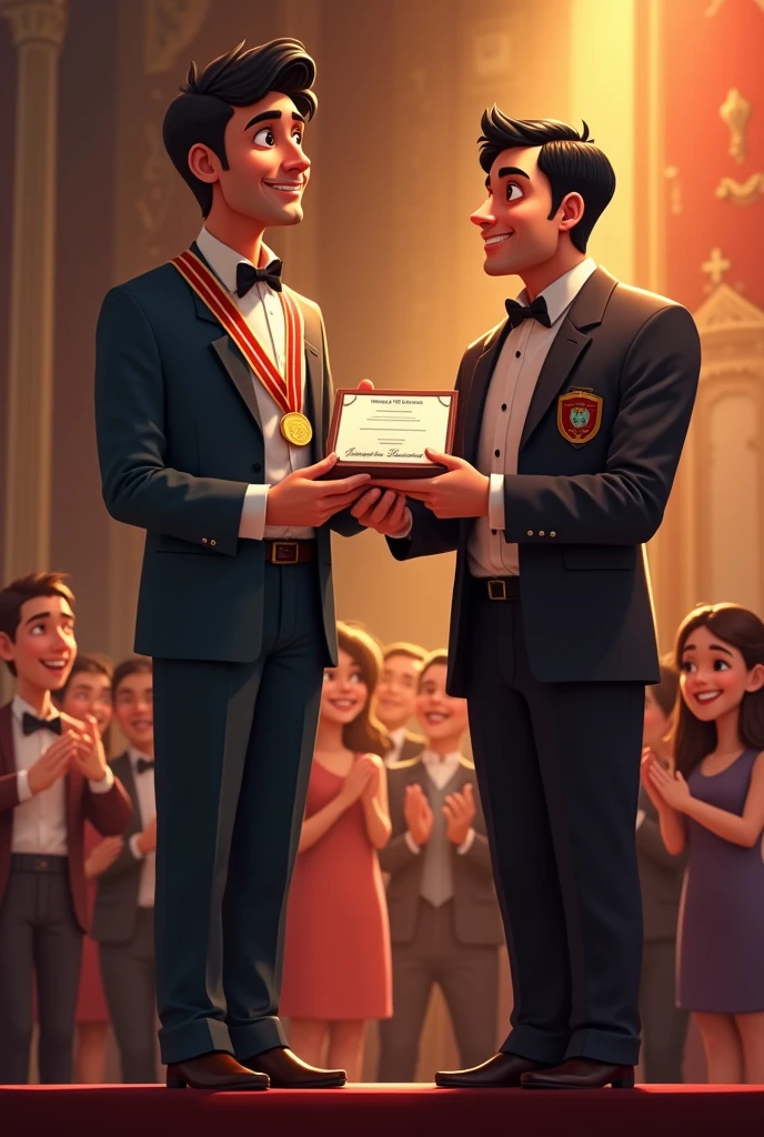 Rahul receiving a medal and a certificate from a dignitary on a stage. The audience claps enthusiastically, and Rahul looks proud and emotional as he holds his award.