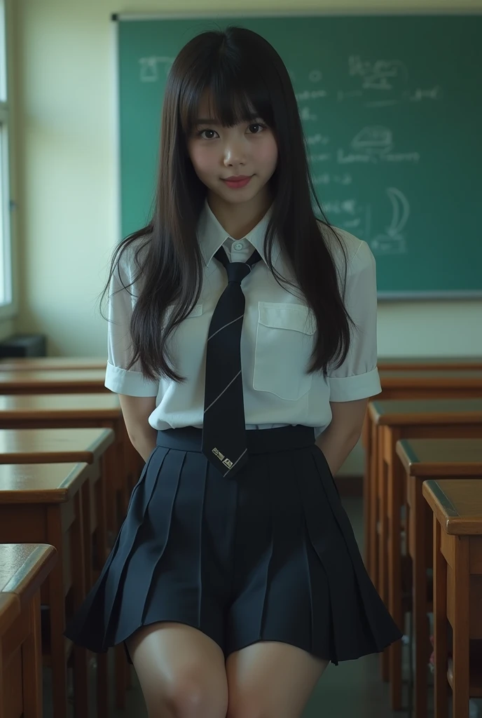 Realistic photos、Pay attention to the face of the cute idol high school girl、R 18、Perfect Image、Her breasts are visible through her rolled up uniform、Her pussy is visible through her spread legs、Surreal、Devilish smile、clitoris、Urethra、uterine orifice、Hands behind back、Dimly lit classroom、Small breasts、Perfect legs