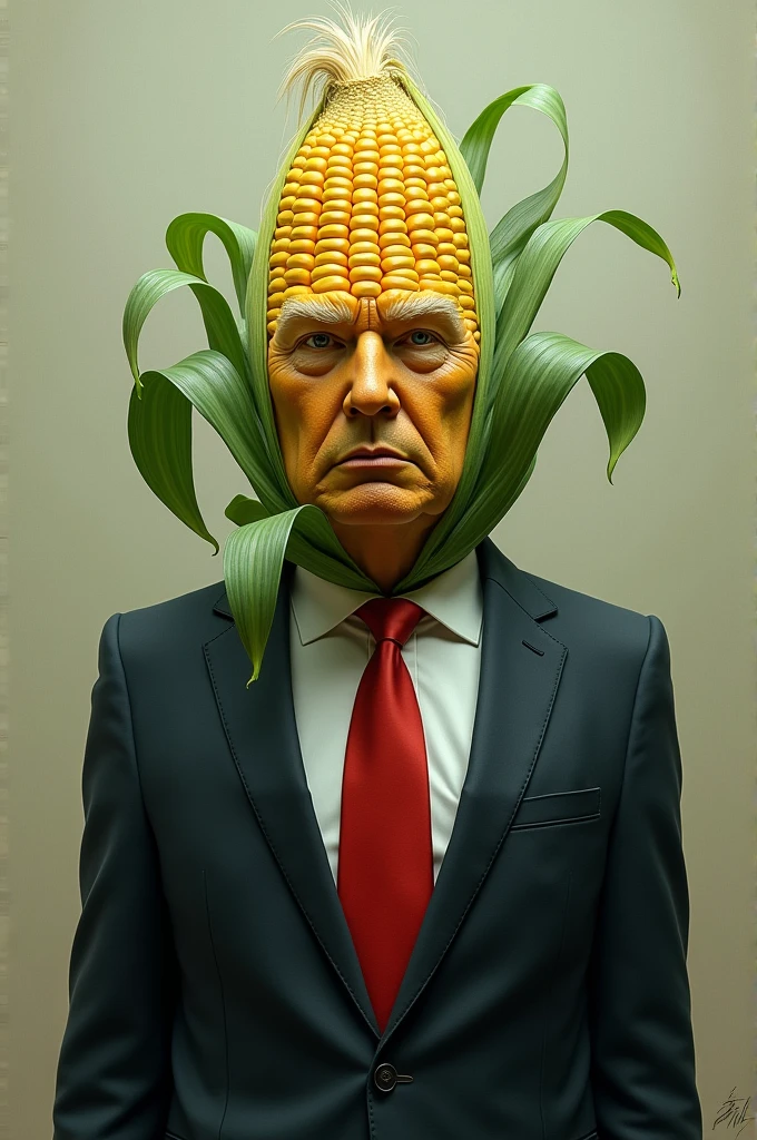 A corncob with green leaves and the face of Donald Trump dressed in a suit and red tie with blond hair