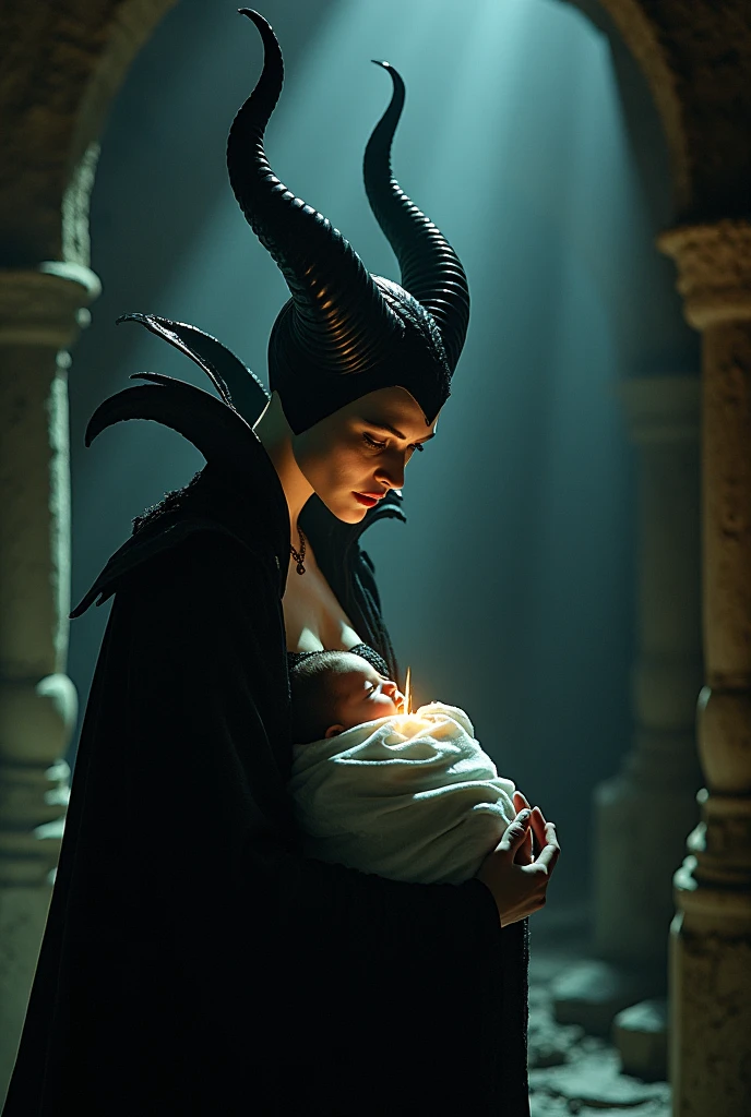 A stunning portrait of Maleficent giving birth in a dungeon