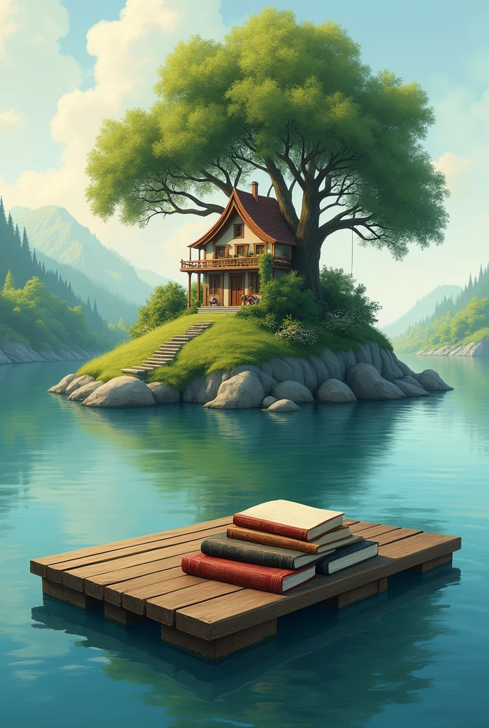 A raft with books on an island and a house in a tree, impressionist painting for wasap image