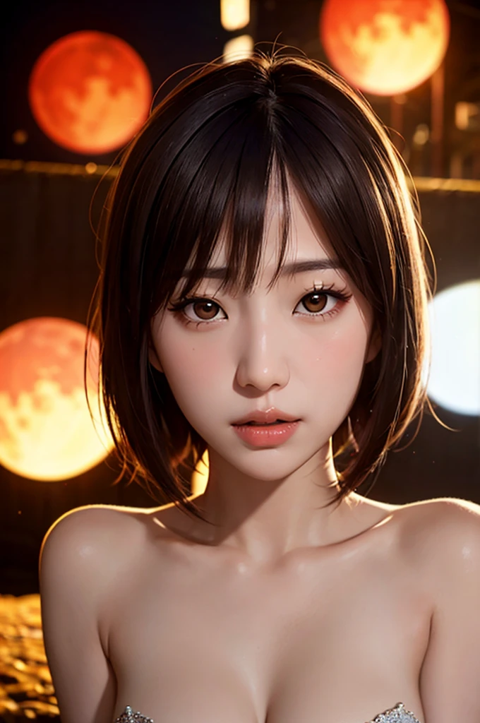 1girl, beautiful face, ((white eyes)), sexy pose, Red moon in the background, stars, space, (lightroom:1.13), soft light, (natural skin texture:1.2), (hyperrealism:1.2), sharp focus, focused,[[realistic]]
