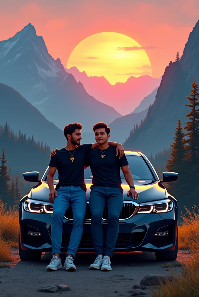 Two best friends setting on a black bmw car
with black t-shart with black t-shart have a fox prian and blue pants both are boy
Between mountain
In rainbow and forest
In evening time
Sun set
One boy is fat and black screen
Also we able to see his face