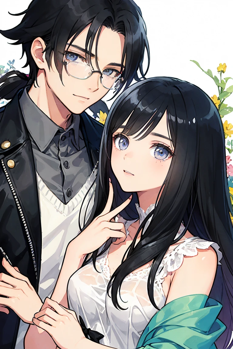 man and woman, couple, love, mature, a cat woman, she has freckles, she has dark brown eyes and an upturned nose, she is happy and smiling, she has long wavy hair, black hair, she is wearing aviator sunglasses with clear lenses in a soft watercolor style. The girl's clothes must be pink, purple, and blue in celebration of the bisexual, with stains of ink and watercolor mixing and filling the scene. he has blonde hair, he is handsome, he is slim. There should be a subtle, nuanced change in colors using the impasto technique with gouache paint. There should be a light rain in the watercolor painting with a little watercolor paper texture and a pastel background.