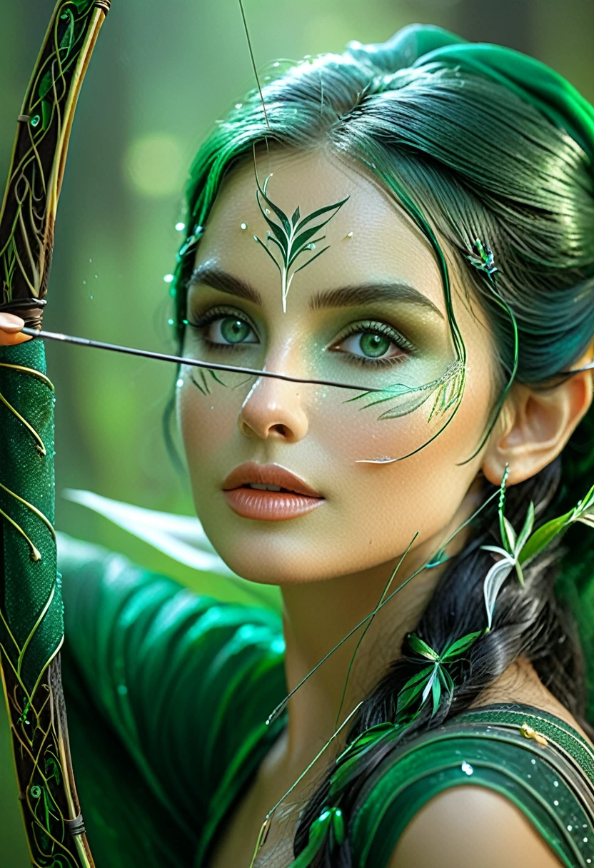 high quality, 8K Ultra HD, Surreal portrait of a stunning woman.
A graceful forest elf，Dressed in emerald green veil，Caressing the bow and arrow kissed by the morning dew，Subtle light particles linger around，Exquisite facial features blend in with nature，Create a dreamlike picture。