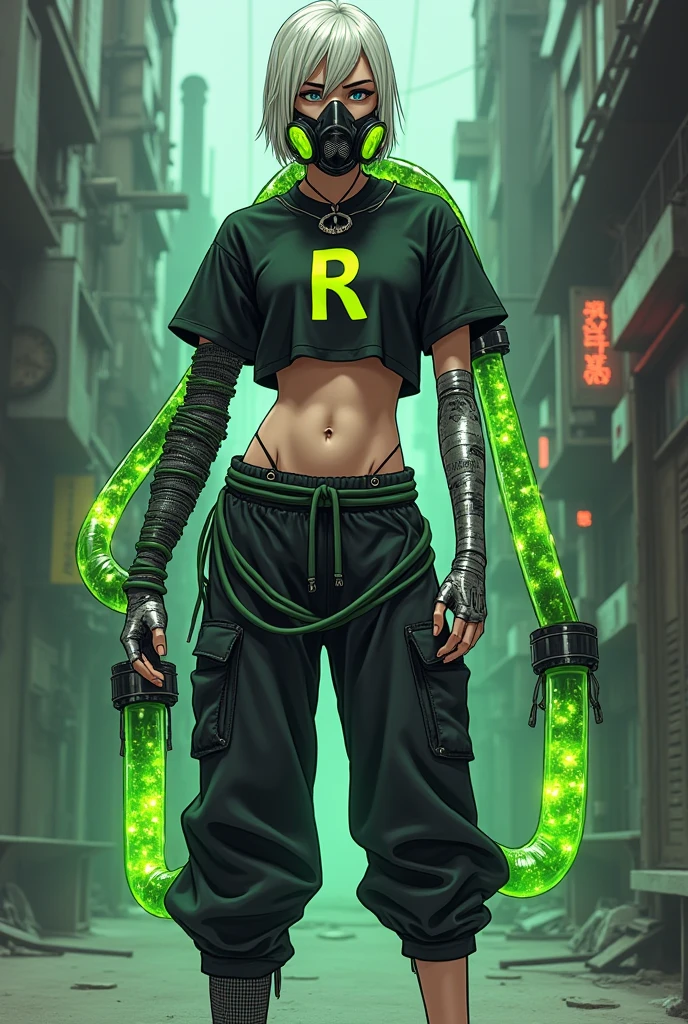 Slim normal build man with a metal prosthetic leg, transparent tubes coming out of the prosthetic leg pumping a green liquid, black gasmask with bright green details that only covers mouth and nose, wearing a masculine crop top with the letter R on it and pants with one leg. Anime Style