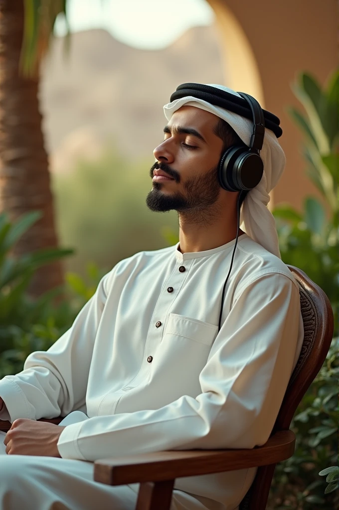 create me an image of a white young muslim arab man with beard and a small mustache wearing headphones and muslin cap. in a desert on chair close eyes relaxing create a cinematic look with best grading in a garden showing arab culture