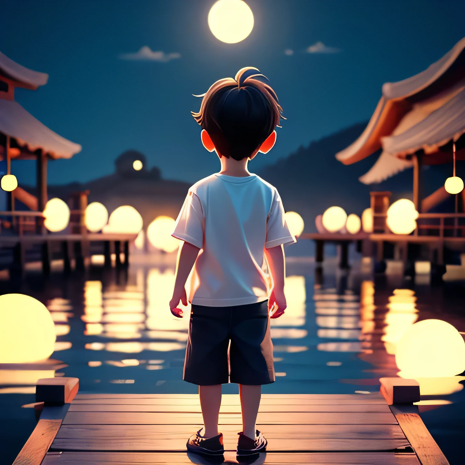 Cute 3D rendering style,Tide play style，Mid-Autumn Festival night，moon，Sky lanterns rise over the lake，boy standing on a wooden bridge holding the railing and looking back，Back view，Wearing a white T-shirt，Black hair，Black eyes，Wear shoes，Happy expression，8K quality，high quality，Soften Tone，Repair face and hands