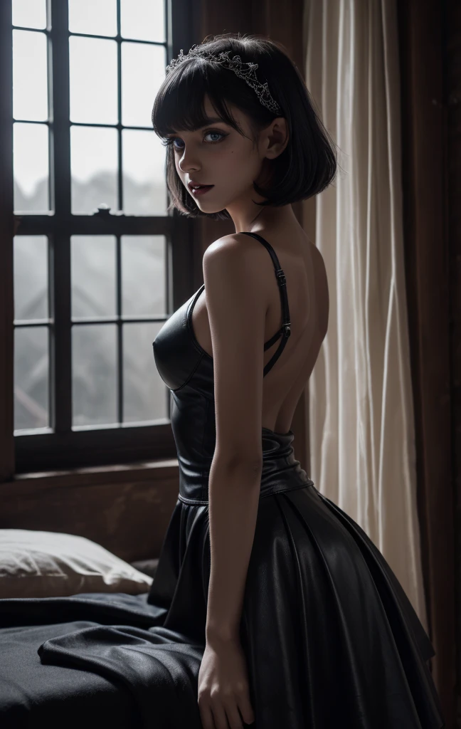 (16k, RAW photos, top quality, masterpiece:1.2), (realistic, photorealistic:1.37), (ultra detailed:1.5), (high detail skin:1.5), 8k UHD, (full body:1.1), dslr, high quality, film grain, shining eyes, professional lighting, photon mapping, (full body:1.4), ( Mavis Dracula as a vampire bride with ultra sexual slender body, blue eyes detailed:1.5, gothic makeup, dark lips voluminous, short hair with bangs style bob wearing a black sheer leather bridal miniskirt, looking towards the window, in very low ambient light, sitting on a super luxurious dark medieval styled bed room with all black furniture and black interiors with a very big medieval styled window in the back ground, its midnight out side, completely dark skies with no light, a small full moon covered with clouds seen in a distance through the window ), the most perfect cute round ass exposed