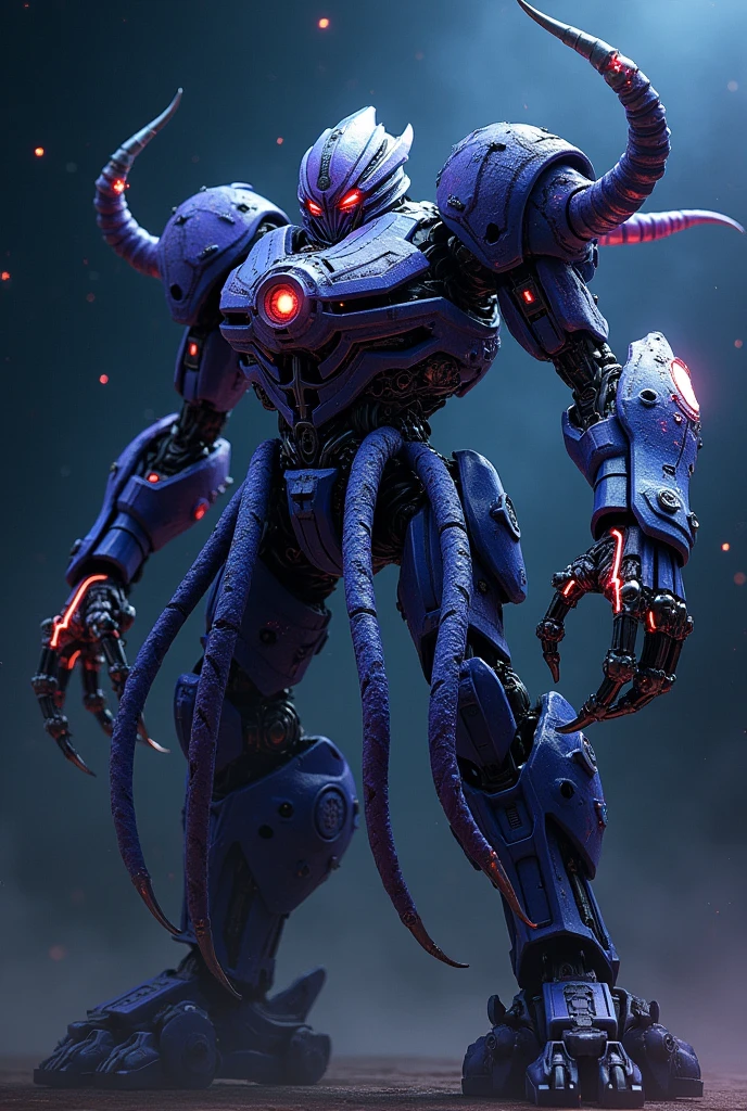 I want a blue and purple Decepticon transformer robot shaped like a mechanical octopus with eight legs and tentacles in space with red eyes