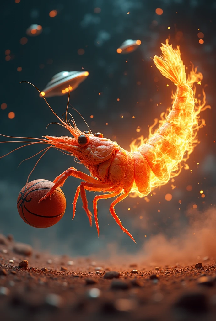 Shrimp on fire playing basketball floating in space with UFOs in the background