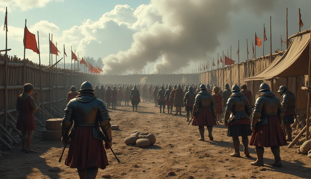 Create a vivid scene of medieval soldiers and peasants engaged in intense preparation for an impending large-scale conflict. Soldiers in sturdy armor, some with helmets and shields, are working on fortifications, reinforcing wooden palisades, and preparing catapults and trebuchets. Nearby, peasants in simple garments, with rough hands, are carrying stones, repairing barriers, and sharpening tools and weapons. The background should include makeshift tents, scattered armor pieces, and a partially constructed wooden wall or barricade. The atmosphere is one of urgency and determination, with smoke rising from campfires and the sound of clanging metal, illustrating the mobilization and collective effort to face the imminent threat., Surrealism, Hyperrealism, UHD, retina, masterpiece, accurate, anatomically correct, textured skin, super detail, 16k