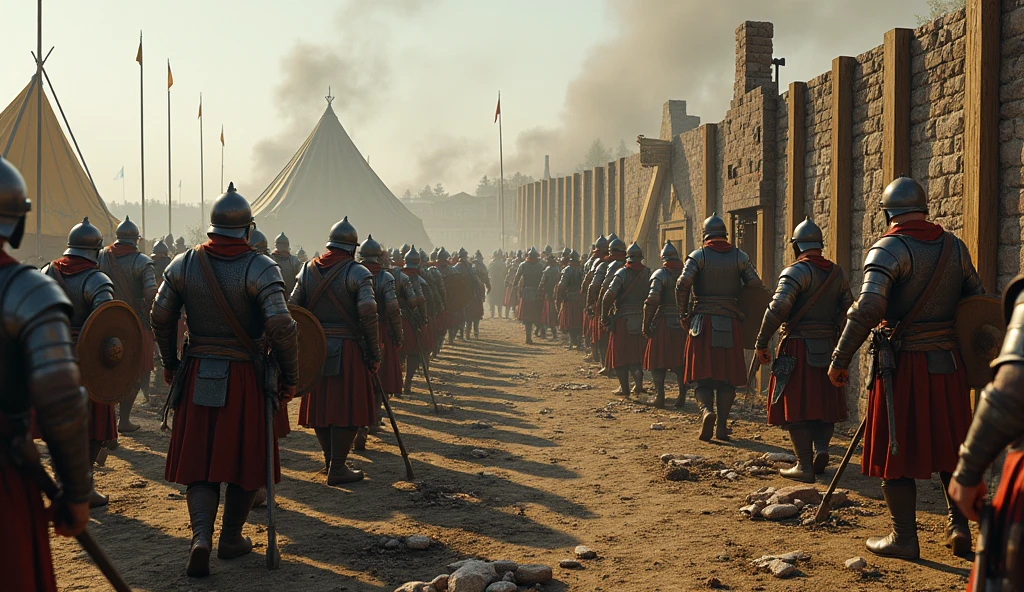 Create a vivid scene of medieval soldiers and peasants engaged in intense preparation for an impending large-scale conflict. Soldiers in sturdy armor, some with helmets and shields, are working on fortifications, reinforcing wooden palisades, and preparing catapults and trebuchets. Nearby, peasants in simple garments, with rough hands, are carrying stones, repairing barriers, and sharpening tools and weapons. The background should include makeshift tents, scattered armor pieces, and a partially constructed wooden wall or barricade. The atmosphere is one of urgency and determination, with smoke rising from campfires and the sound of clanging metal, illustrating the mobilization and collective effort to face the imminent threat., Surrealism, Hyperrealism, UHD, retina, masterpiece, accurate, anatomically correct, textured skin, super detail, 16k