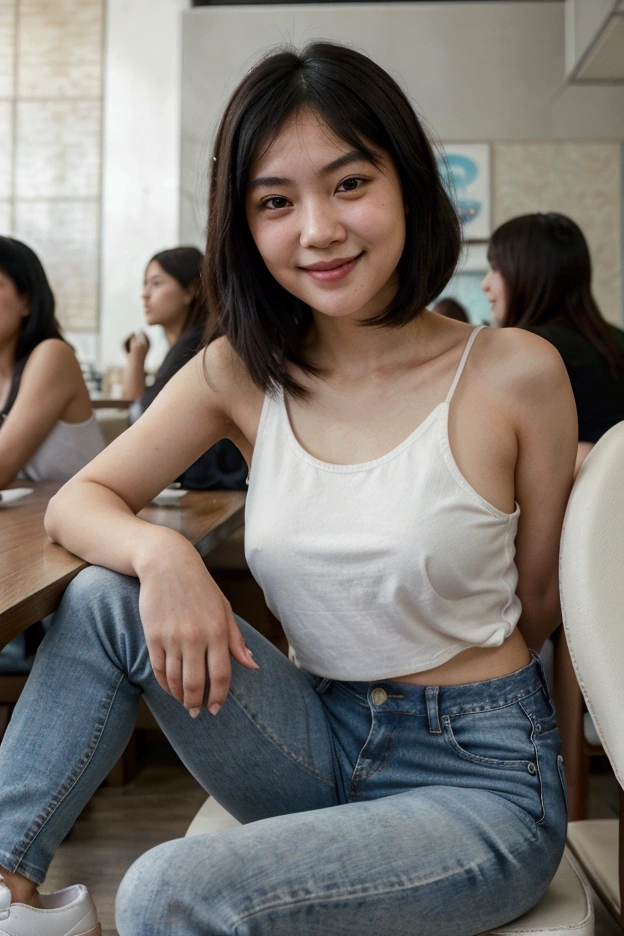 real close-up photograph of an oriental girl, caucasian skin, soft face, 1, shoulder-length black hair, smiling, wearing jeans, basic t-shirt and white sneakers, sitting in a crowded restaurant, detailed background