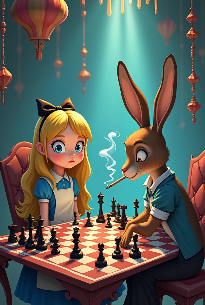 cartoon style make alice madness return playing chess against a rabbit with a smokin alice has to be facing and the rabbit with his back turned in a corner