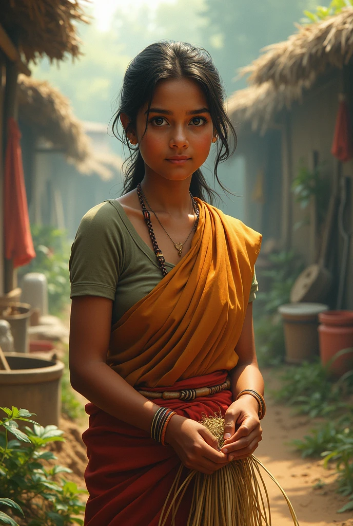 Indian young woman with small face working in village 