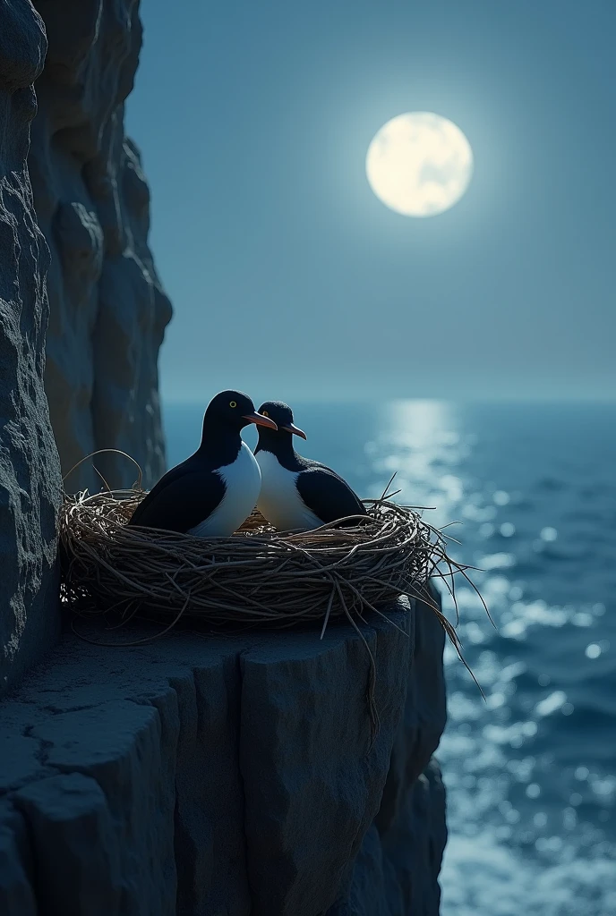 A pair of alcatraz birds together in a nest on a cliff near the sea under the full moon