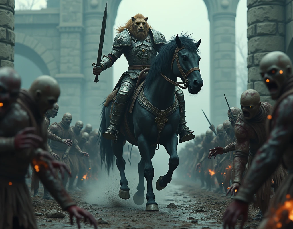 A Lion Warrior, riding his black horse , crossing a bridge full of zombies
