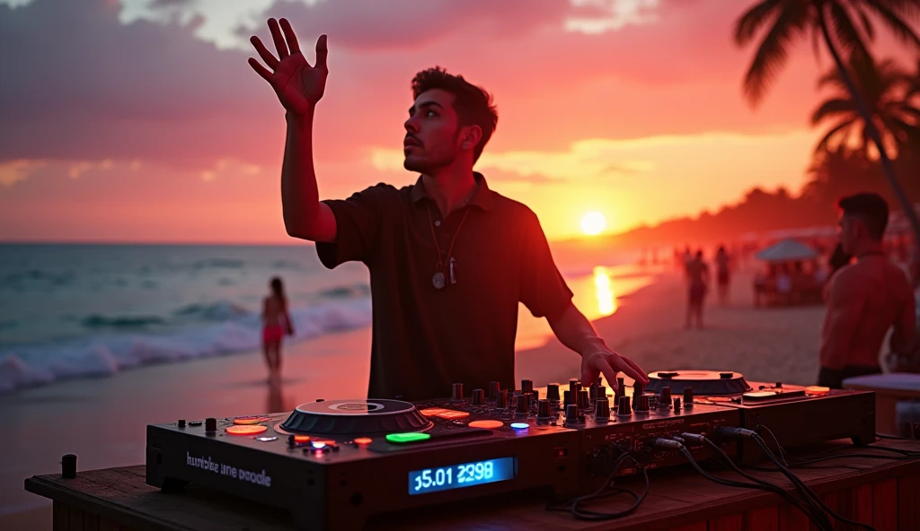 a DJ playing music at sunset on a beach, hand raised, manipulating sound equipment, stunning ocean view, golden hour lighting, vibrant colors, cinematic composition, detailed intricate machinery, glowing electronic displays, mesmerizing dance party atmosphere, photorealistic, hyper detailed, 8k, masterpiece