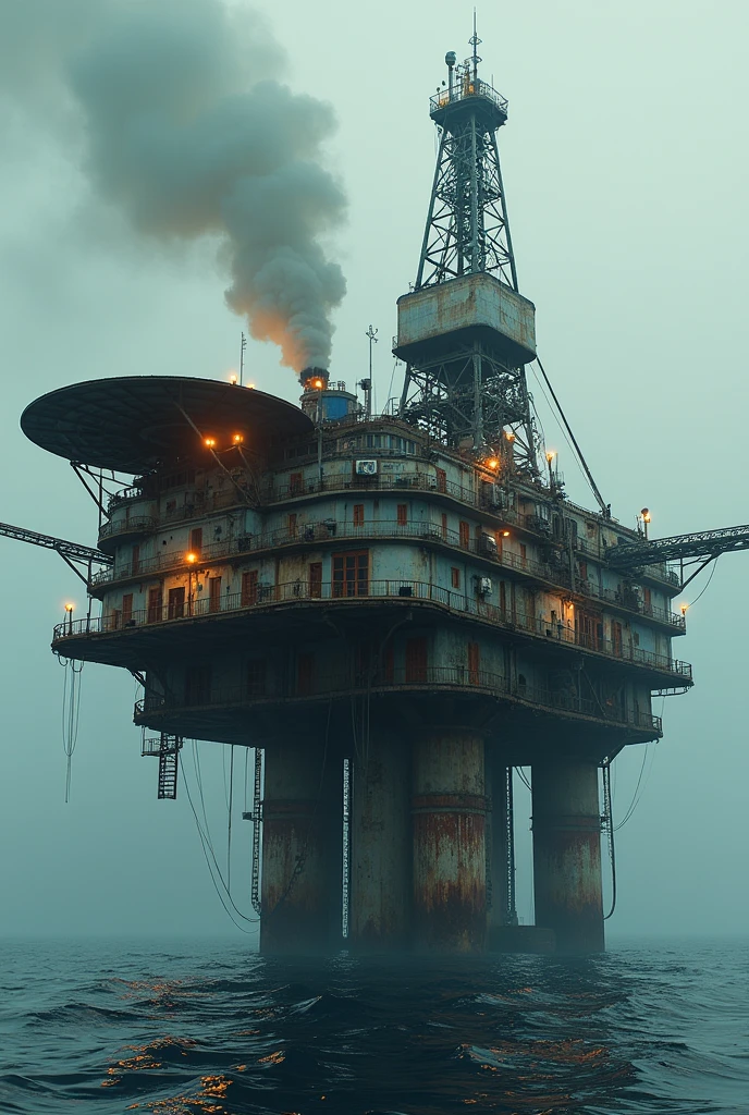 offshore oil platform, rusting, Many rooms, illuminated helipad, smoke in the tower, bad painting, fotorrealism.  