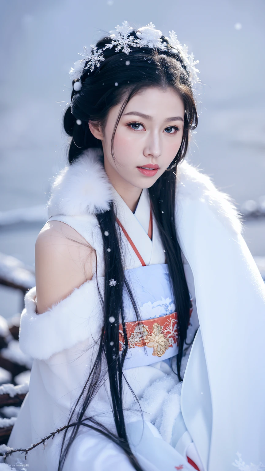1 Fashion Model [[[[close up]]]], [[[[neck]]]], [[[[Shoulder]]]], (((Complete head)))，(((Complete hairstyle)))，Perfect eyes, Perfect Iris，Perfect lips，Perfect Teeth，Perfect skin，White skin，Soft headlights，High-density imaging，Black long hair，（Clean and delicate face），((Simple red fur winter hanfu))，((Half-length photo))，((White snow))，((winter))，((Various dynamic poses))，((The background is snow and rime))，best quality，masterpiece，（Soft colors：1.2）