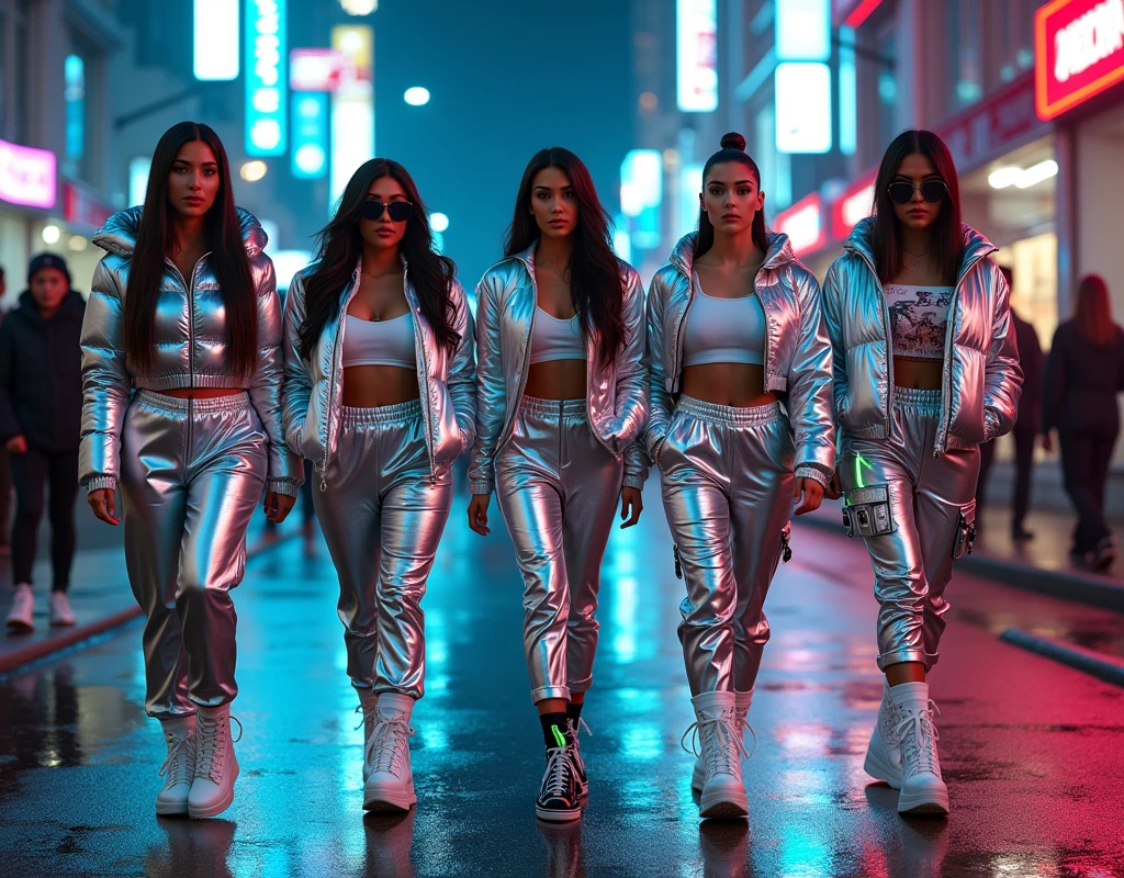 [theme: Cyberpunk Kardashian sisters show off futuristic metallic fashion] High resolution, Cinematic Instagram photo featuring all the Kardashian sisters in bold, Cyberpunk style outfit, Neon glittering, Futuristic cityscape.

**Kim Kardashian** Shiny Lead, Metallic silver puffer jacket paired with high-waisted jogger pants. Her outfit was completed with white platform boots and stylish sunglasses., Give her orders, Futuristic look. Her hair isロングでスタイリングされています, Straight Rock, Further enhancing the sophistication of the ensemble.

**Kourtney Kardashian** Wearing a similar metallic silver jacket, Pair it with cropped cargo pants and high-top sneakers. Her look is finished off in dark, Futuristic sunglasses, Her hair isシャープなボブスタイルです, Accentuating her edgy look.

**Khloe Kardashian** Throw on a metallic silver bomber jacket over a cropped graphic top, Pair it with fitted jogger pants with neon-colored seams.. Her chubby, White boots make you look taller, Her hair is、Her hair is styled in a high ponytail with sleek waves..

**Kendall Jenner** Wearing a metallic silver jacket with oversized collar detailing, Pair with high-waisted cargo pants. Her look is accentuated by high tops., Lace-up boots, She&#39;s wearing futuristic wraparound sunglasses. Her hair is清潔感のある, Straight Cut.

**Kylie Jenner** A metallic silver hoodie with exaggerated shoulders completes the group look, Pair it with glowing digital design jogger pants. Her white platform boots and oversized visor sunglasses、It gives her a decidedly futuristic vibe.。, With a sharp hairstyle, Sleek Bob.

Lively, Neon-lit city streets, With a shining sign、Filled with wet pavement reflecting vibrant light. Sisters walking together, Exudes confidence and unity, A perfect mix of cyberpunk and modern fashion., Metallic Edge.

[Lighting: A neon city lit up with cinematic reflections] [camera: A group photo of all the Kardashian sisters in metallic outfits