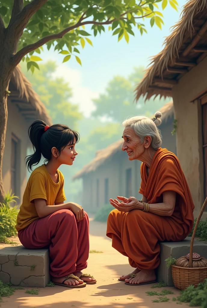 A village poor elder woman talk to Ananya