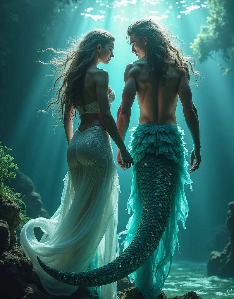 (masterpiece,Distinguished Quality,Mirror-like,Cinematic Experience, insanely detailed,absurdres),8k,full image shot),(1 female), the shimmering, iridescent depths of an enchanted ocean, mesmerizing sirens, big breasts, nipples ,8k, slim waist, shimmering scales on a tale, luminous, pearlescent skin glistening with dew, long, flowing hair a wild tangle of seaweed and glittering, gemstone-encrusted locks, as their piercing, (1 male),(male siren),(manly tale),(manly abs), random hair, aquamarine eyes gleam with an otherworldly allure, shimmering, crystalline tail glimmers with a soft, ethereal light, beckoning sailors to their doom with a haunting, melodic song that echoes through the mystical, moonlit waves, Imagine the captivating, underwater scene!