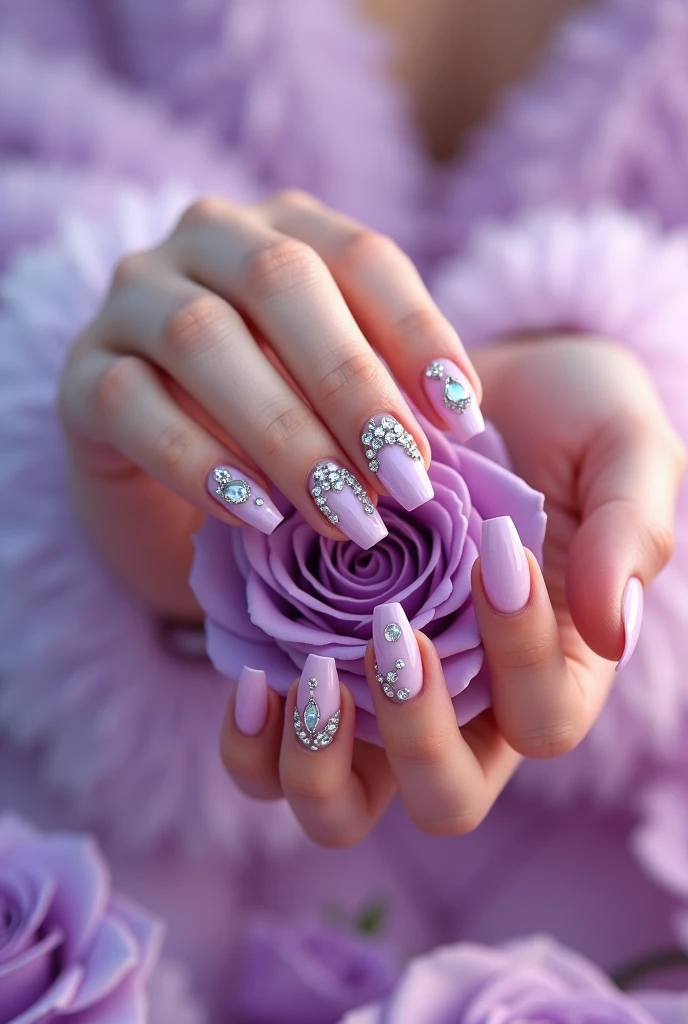 Image of manicure with diamond decoration, Outstanding colors, Beautiful hands like roses, Purple, Pastel Tones, I stretched my nails out to show them.