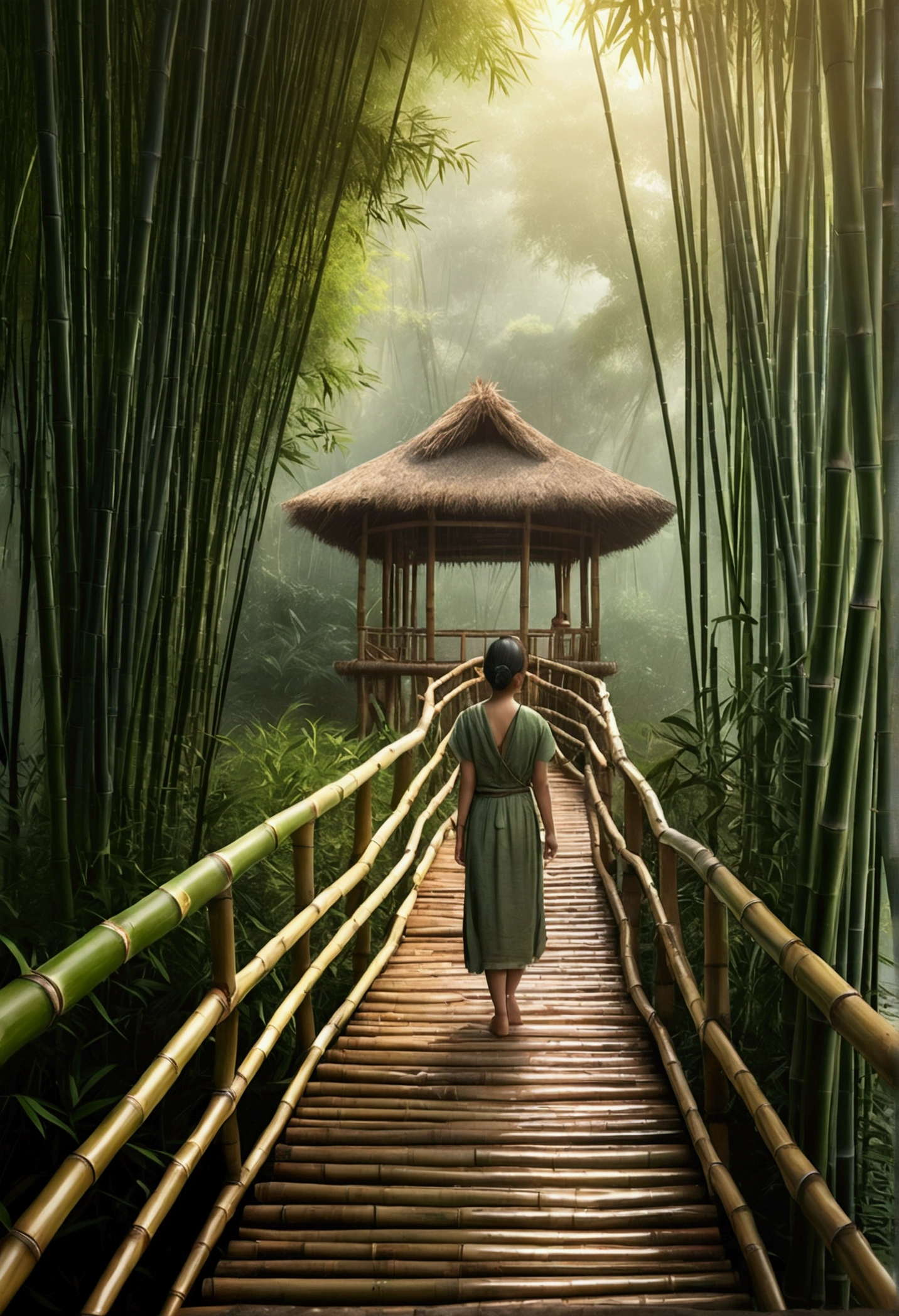 1girl, bamboo forest, bamboo hut, bamboo bridge, detailed bamboo textures, serene landscape, warm lighting, natural colors, (best quality,4k,8k,highres,masterpiece:1.2),ultra-detailed,(realistic,photorealistic,photo-realistic:1.37),intricate details,lush vegetation,atmospheric fog,soft shadows,vibrant colors,natural lighting,peaceful mood