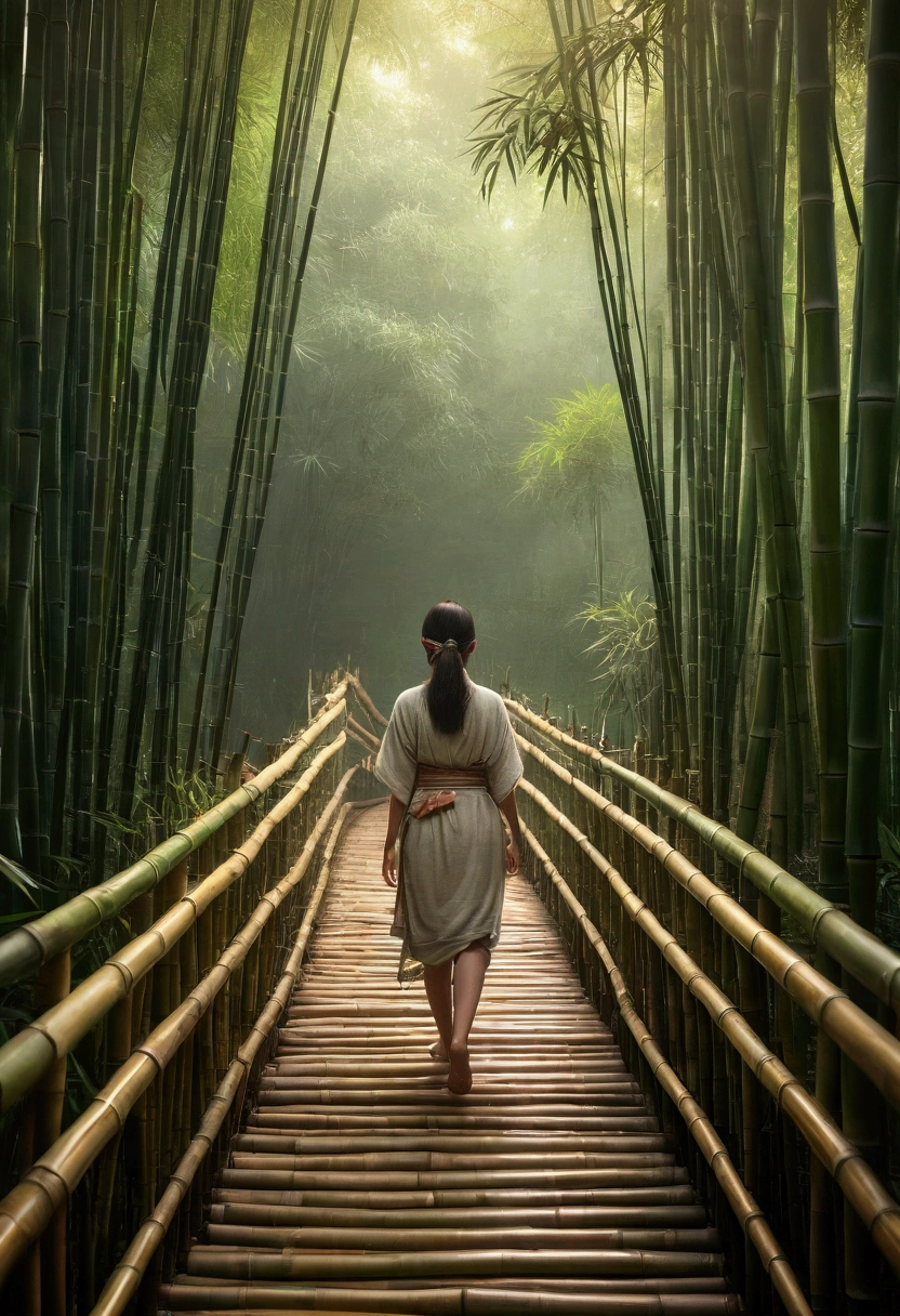 1girl, bamboo forest, bamboo hut, bamboo bridge, detailed bamboo textures, serene landscape, warm lighting, natural colors, (best quality,4k,8k,highres,masterpiece:1.2),ultra-detailed,(realistic,photorealistic,photo-realistic:1.37),intricate details,lush vegetation,atmospheric fog,soft shadows,vibrant colors,natural lighting,peaceful mood