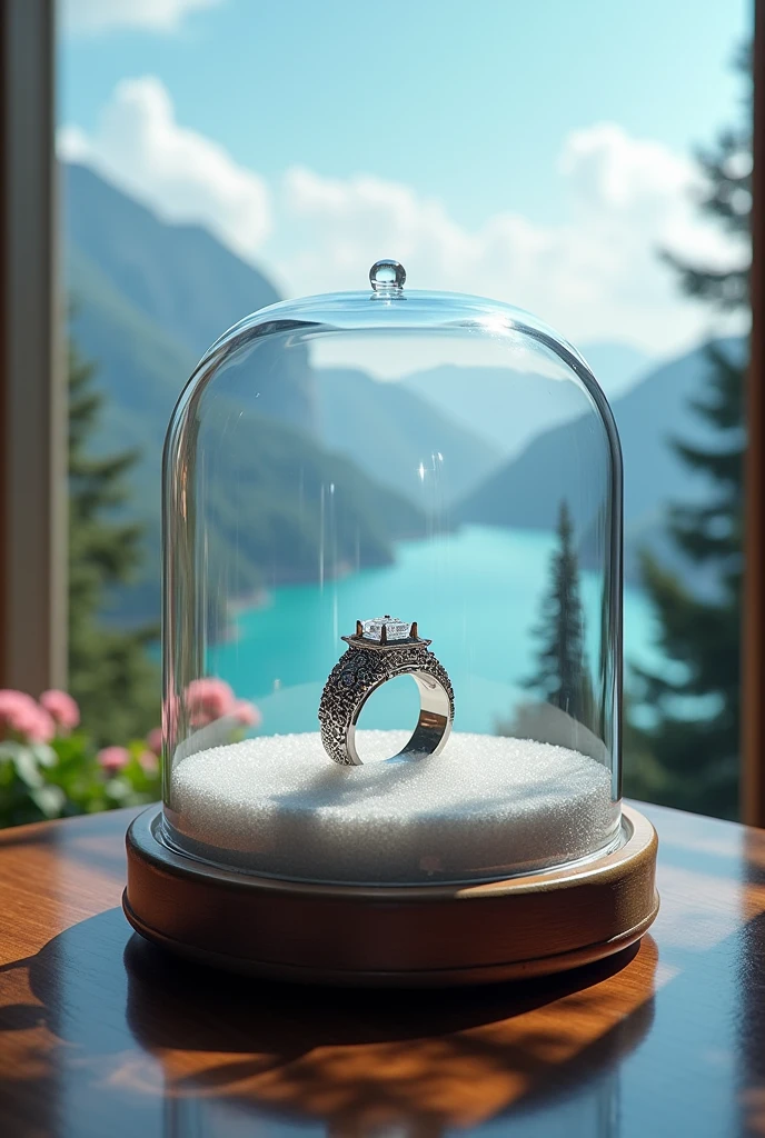 A Ring of silver in the box of glass with glorious View