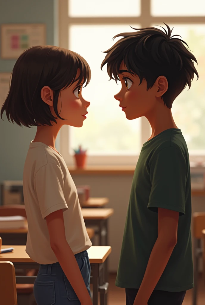 White-skinned girl with short, uniform hair and dark-skinned boy with black, uniform hair. with a classroom background .looking at each other