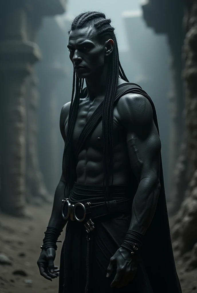 A tall, muscular young male warrior character,
alien with skin completely black as night, no eyebrow, with straight black hair that reaches the middle of the back braided, with completely black eyes and a marked jaw, wearing all-black, body-hugging military-style clothing