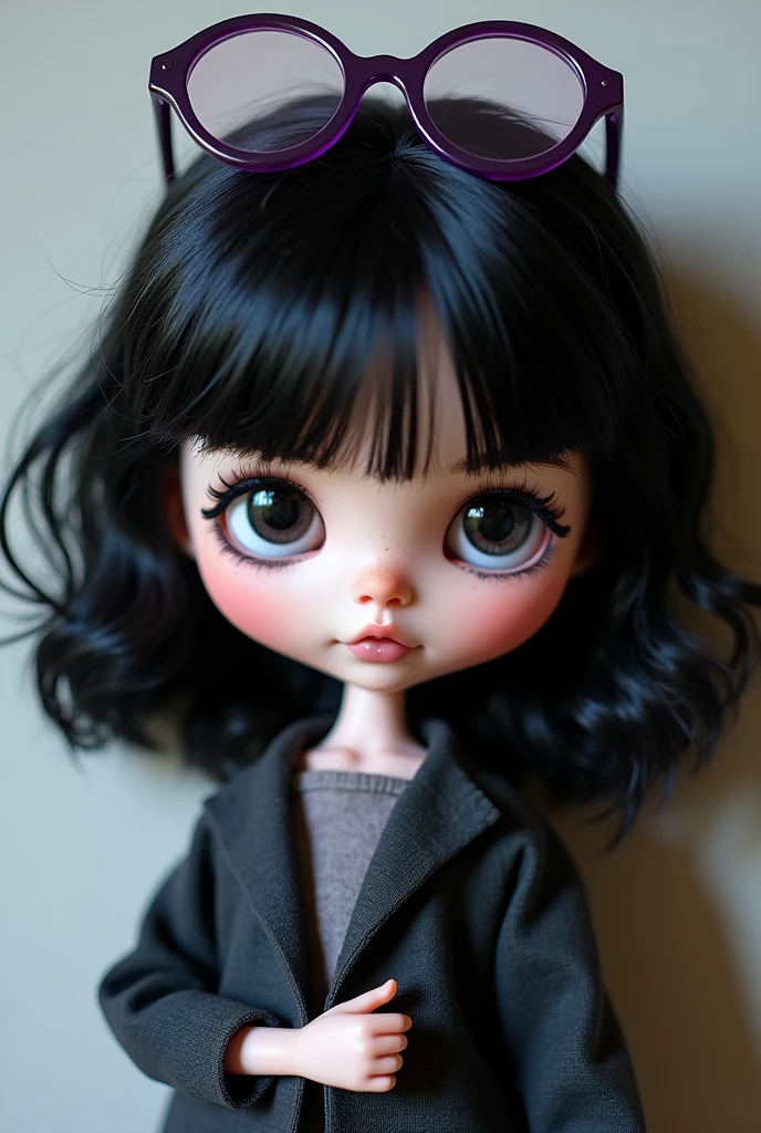 Blythe doll with black curly hair, bare front, purple glasses, slightly noticeable dark circles, White skin, thin face and not very big eyes.