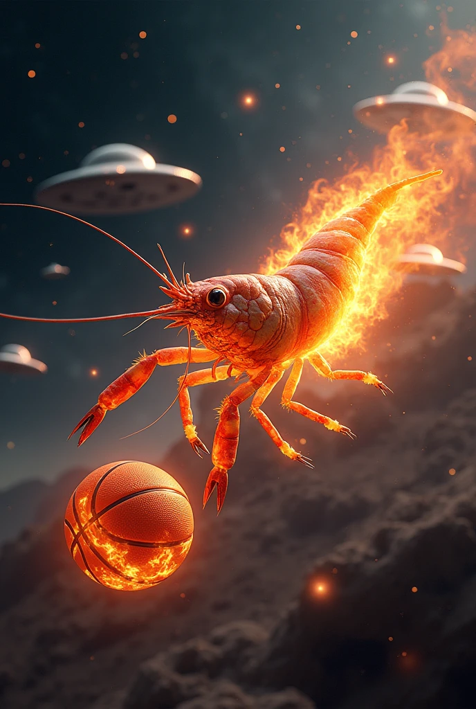 Shrimp on fire playing basketball floating in space with UFOs in the background 
