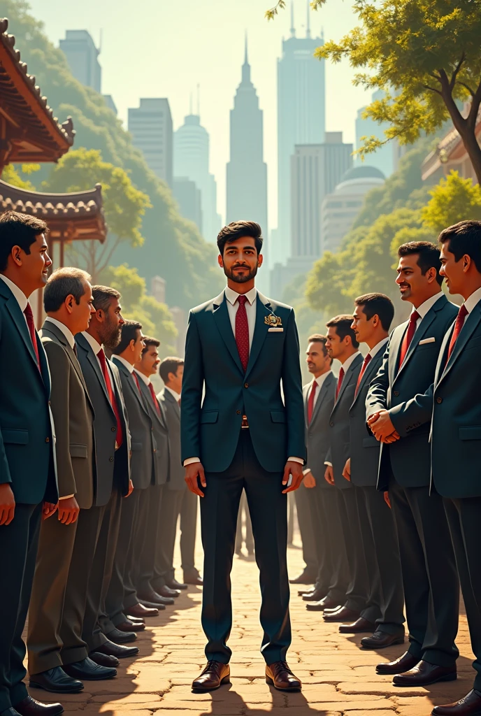 Rahul, now dressed in formal attire, interacting with city officials and being recognized for his achievements. The background shows a blend of rural and urban settings, symbolizing his journey.