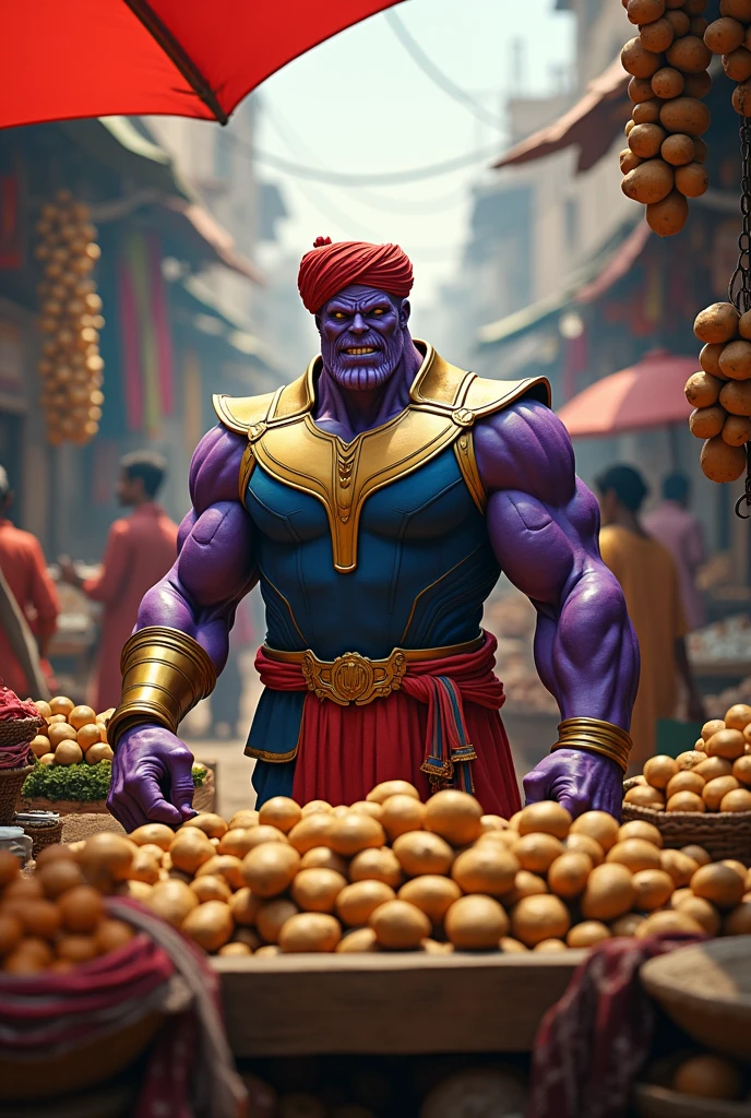Picture Thanos from ms dhoni the selling potatoes in a lively Indian market. He is dressed in a vibrant Indian attire Kurta Dhoti and a turban.
His imposing figure stands behind a stall brimming with fresh potatoes, surrounded by a bustling market.