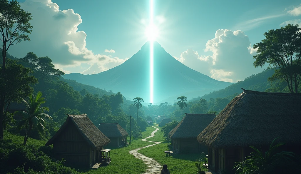 Village from ancient Ternate island, Maluku, Indonesia with an abstract white light on the top of the mountain that stretches straight towards the sky