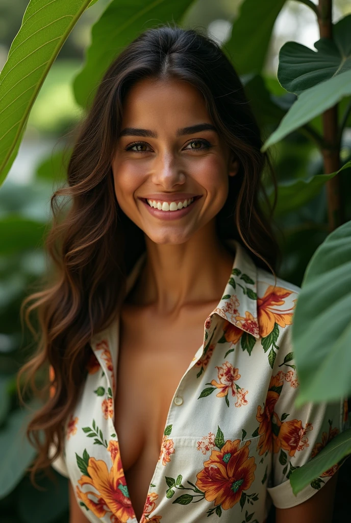 A Brazilian woman in a lush tropical garden, wearing an open shirt with a floral print, with a close-up capturing the harmonious beauty between her breasts and the natural flowers, showing off your natural charm and outgoing personality.