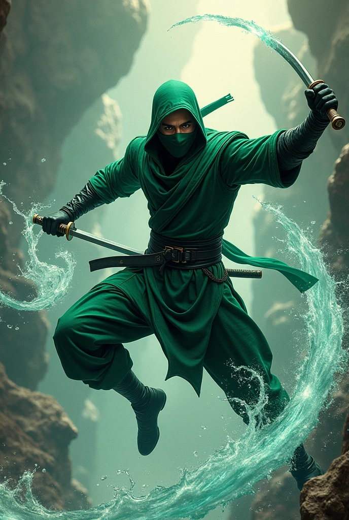 Ninja Verde, with two katanas dominating water, midair, earth and fire