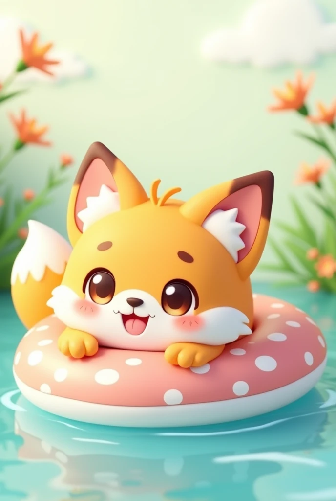 3d, Simple and cute, With gentle colors like a picture book , 8k, Highest quality,cute,Big anime eyes,Cute little fox on a swimming ring.,mascot